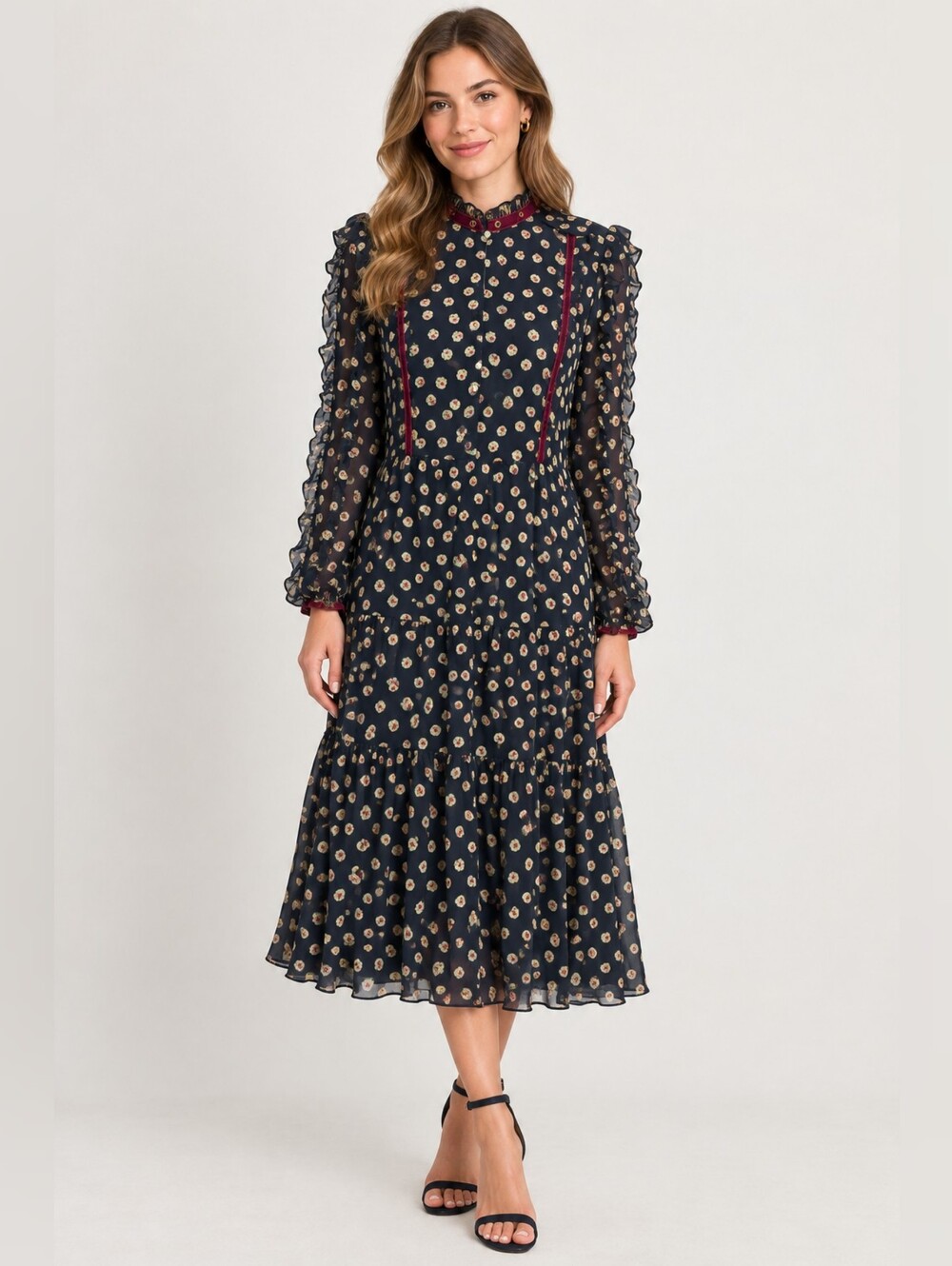 Scotch & Soda Black Floral Long-Sleeve Ruffle Midi Dress with Burgundy Trim